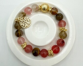 Watermelon Jade Gemstone Bracelet with Tree of Life Charm, Boho Beaded Balancing Jewelry