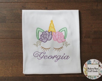 Personalized Unicorn Birthday Shirt, Floral Unicorn, Unicorn Face Shirt, Unicorn Birthday theme, Unicorn Birthday Outfit, Embroidered Shirt