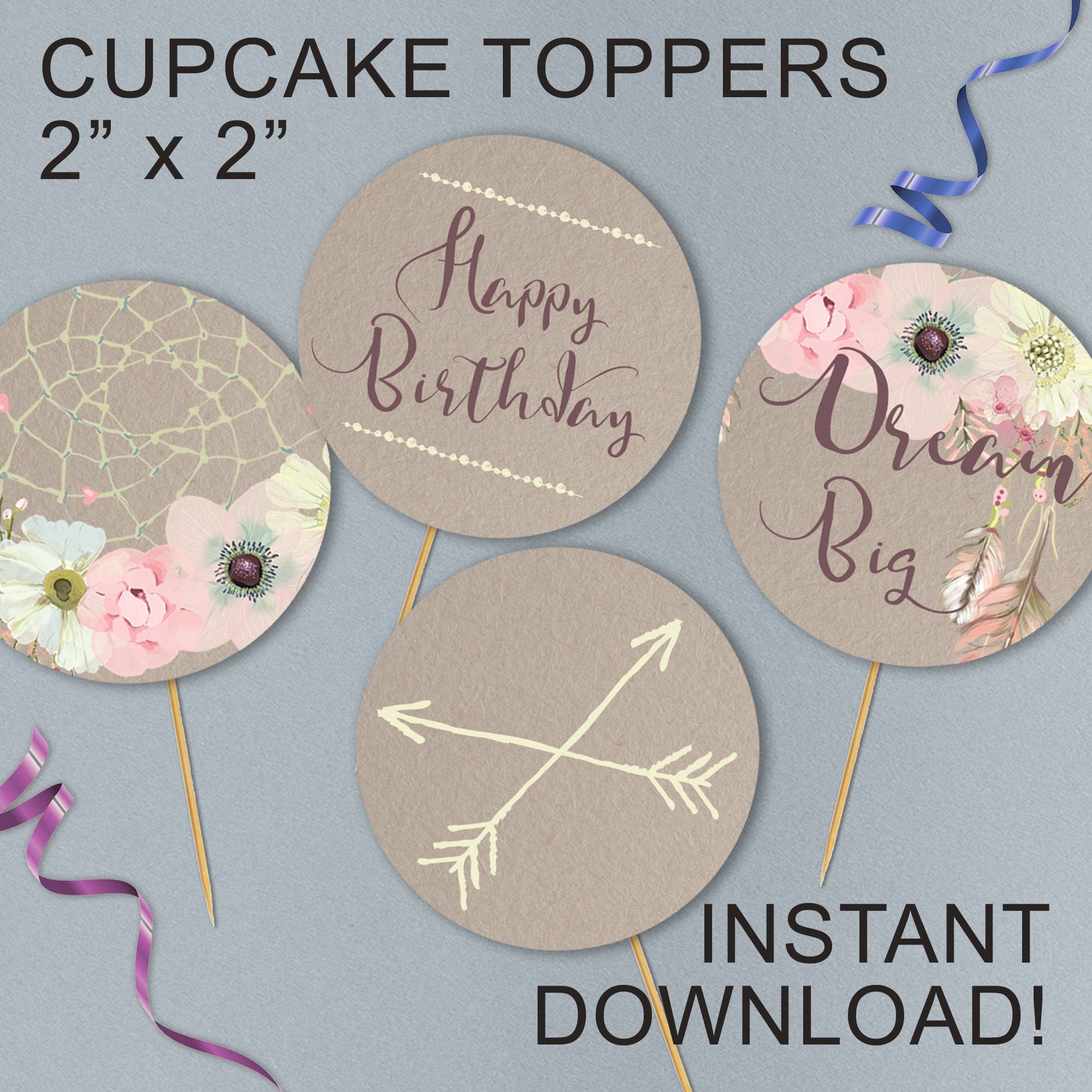 Boho Birthday Cupcake Toppers 2 // INSTANT Etsy