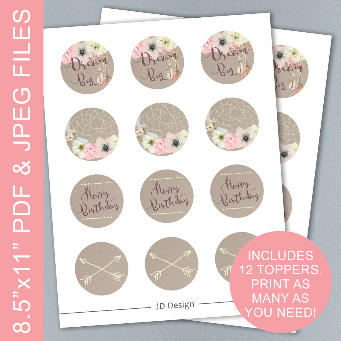 Boho Birthday Cupcake Toppers 2 // INSTANT Etsy