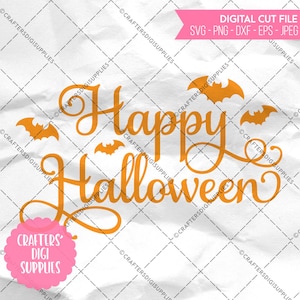 Puede incluir: Texto naranja "Happy Halloween" con un diseño decorativo de espiral. Cinco murciélagos naranjas están dispersos alrededor del texto. Un círculo rosa con el texto "Crafters Digi Supplies" está en la esquina inferior izquierda.