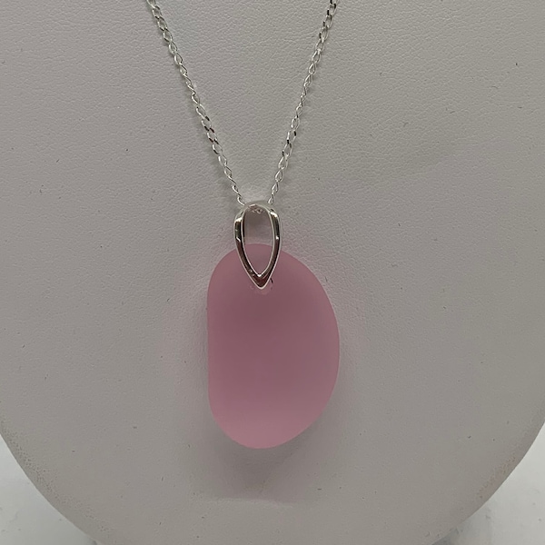 Blossom Pink Large Pebble Sea Glass Pendant on a 20 inch Sterling Silver Necklace
