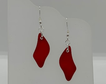 Cherry Red Wave Sea Glass Sterling Silver Earrings