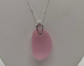 Blossom Pink Large Pebble Sea Glass Pendant on a 20 inch Sterling Silver Necklace