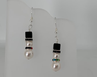 Christmas Snowman Sterling Silver Earrings with Multicolored Rhinestone Belt and Swarovski Crystal Jet Black Squardelle Hat