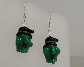 Halloween Green Witch Lampwork Glass  Beads Sterling Silver Earrings