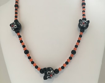 Black Cat Beaded Halloween Elastic Necklace