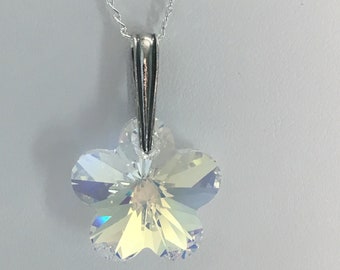 Swarovski Clear AB Crystal Flower on a 20" Sterling Silver Chain Necklace