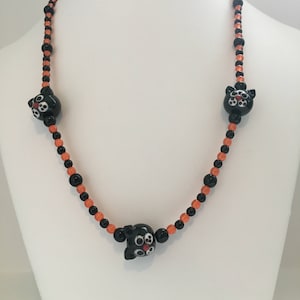 Black Cat Beaded Halloween Elastic Necklace