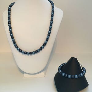 Dark Blue and Blue Satin Glass Beads Necklace and Bracelet Jewelry Set