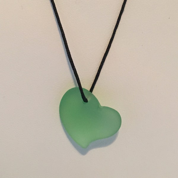 Peridot Green Sea Glass Heart Pendant on a 22" Black Nylon Cord with Sterling Silver Magnetic Clasp