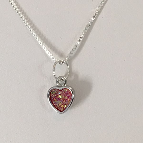 Metallic Hot Pink Crystal Druzy Heart Charm in Silver Finish Bezel on a 18" Sterling Silver Chain Necklace