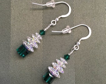 Swarovski Crystal Clear and Emerald Green Christmas Tree Sterling Silver Earrings