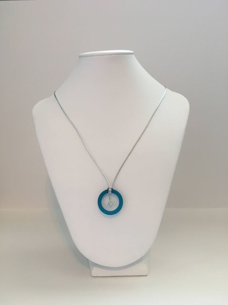 Peacock Blue Sea Glass Ring on 24 inch Silver Satin Cord Necklace