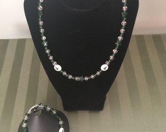 Christmas Tree Green and White Necklace and Bracelet Jewelry Set