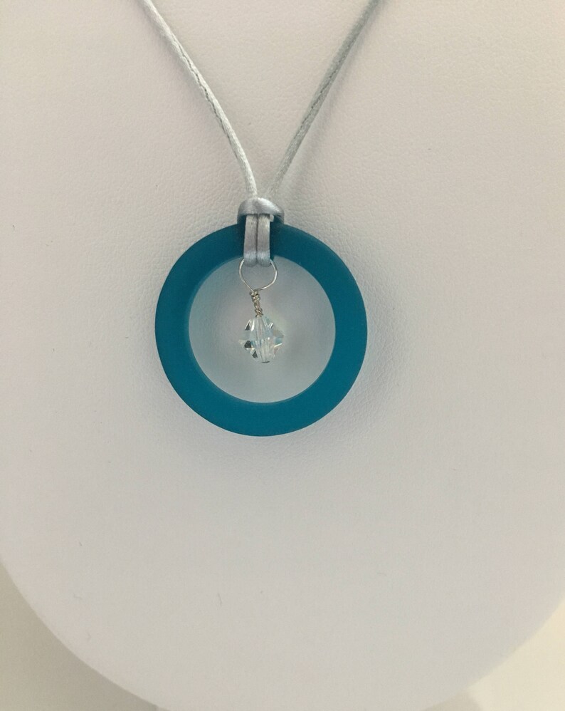 Peacock Blue Sea Glass Ring on 24 inch Silver Satin Cord Necklace
