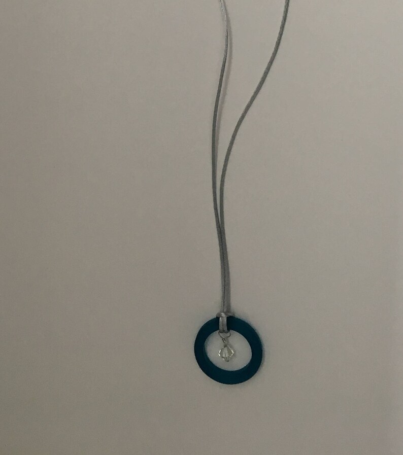 Peacock Blue Sea Glass Ring on 24 inch Silver Satin Cord Necklace