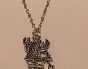 Halloween Haunted House Charm Pendant on a 19" Sterling Silver Chain Necklace