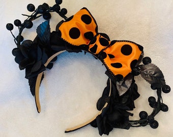 Halloween Inspired Black Flower Minnie Ears w/ Orange Polka Dot Bow