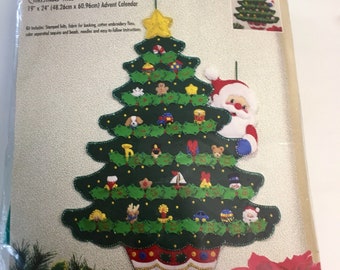 Vintage Bucilla Christmas tree with Santa Advent Calendar from 1996 # 83425 Kit is open but complete sequin,beads, needles floss bag sealed