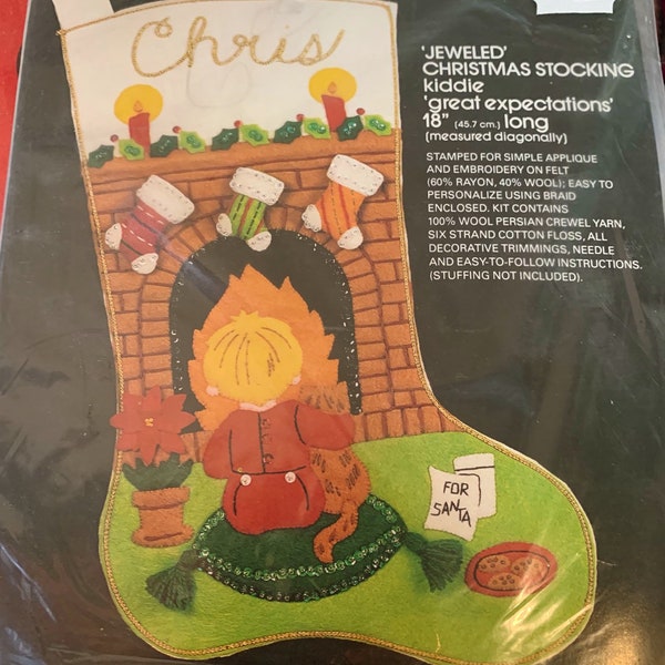 Vintage NEW sealed Bucilla Great Expectations with kitty cat and little boy jeweled stocking kit # 48606 18" free felt letters IF interested