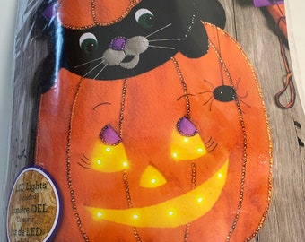 NEW sealed Bucilla Halloween Peek-A-Boo pumpkin cat wall hanging kit with lights kit # 86830 from 2017 retired