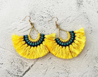 Yellow Tassel Earrings Woven With Triple layer Wax Strings