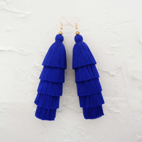 Handmade Five Layered Navy Blue Tassel Earrings