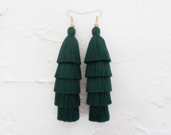 Dark Green Five Layered Tassel Earrings -Fringe Earrings