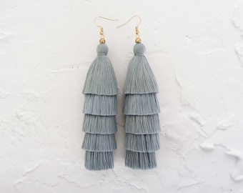 Five Layered Gray Tassel Earrings