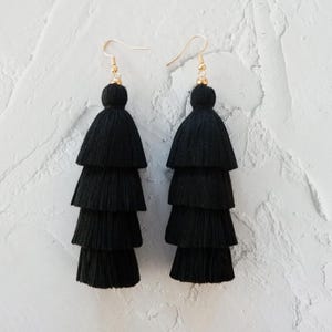 Black Layered Tassel Earrings: Handmade Fringe Earrings
