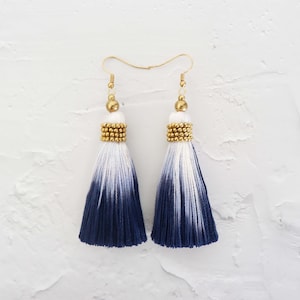 Tie Dyed Indigo Tassel Earrings With Brass Bead
