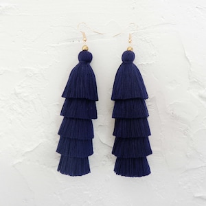 MIDNIGHT BLUE Fringe Earrings, Layered Tassel Earrings