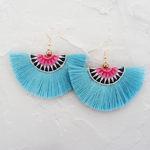 Blue Tassel Earrings Hmong Embroidered Style - 10