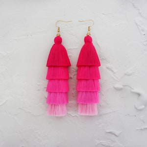 5 Layered Pink Tassel Earrings, Hmong Earrings