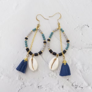 Beads Earrings With Navy Blue Tassel
