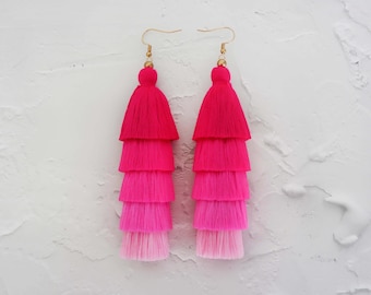 5 Layered Pink Tassel Earrings, Hmong Earrings