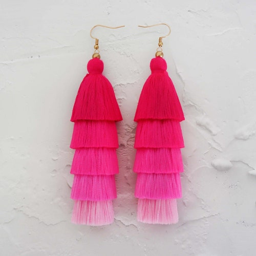 5 Layered Pink Tassel Earrings Hmong Earrings Etsy