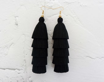 BLACK Layered Tassel Earrings, Fringe Earrings, Tiered Tassel Earrings