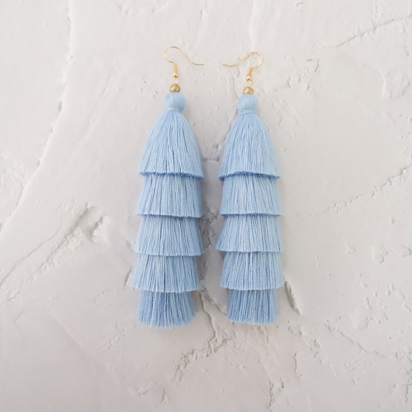 Baby Blue Five Layered Tassel Earrings, Tiered Stacked Tassel Earrings