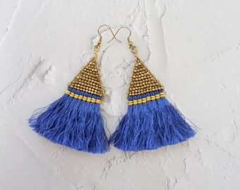 Triangle Gold Bead Earrings With Blue Tassel