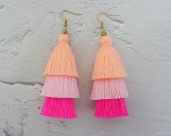 3 Layered Tassel Earrings, Hilltribe Tassel Earrings