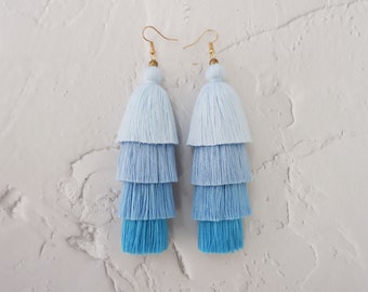 Handmade Blue Layered Tassel Earrings