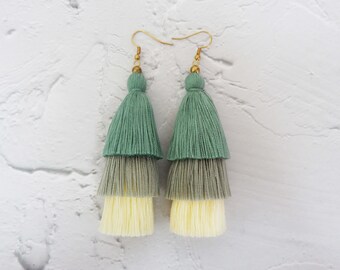 Three Layered Blue Tassel Earrings