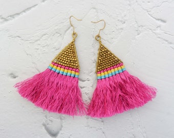 Triangle Gold Tassel Earrings With Wax Strings