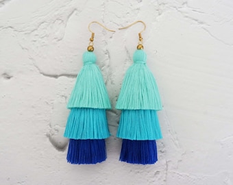 Three Layered Tassel Earrings, Tiered Stacked Tassel Earrings