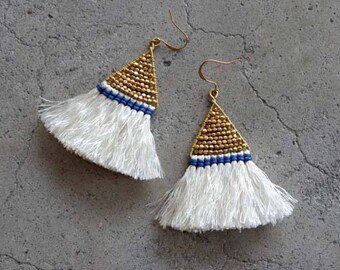 Ivory Triangle Gold Tassel Earrings With Colorful Wax Strings