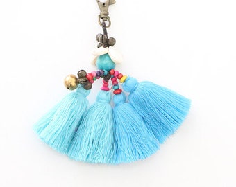 Blue Tassel Keychain With Bells & Beads