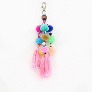 Colorful Pompoms Keychain With Silk Tassel