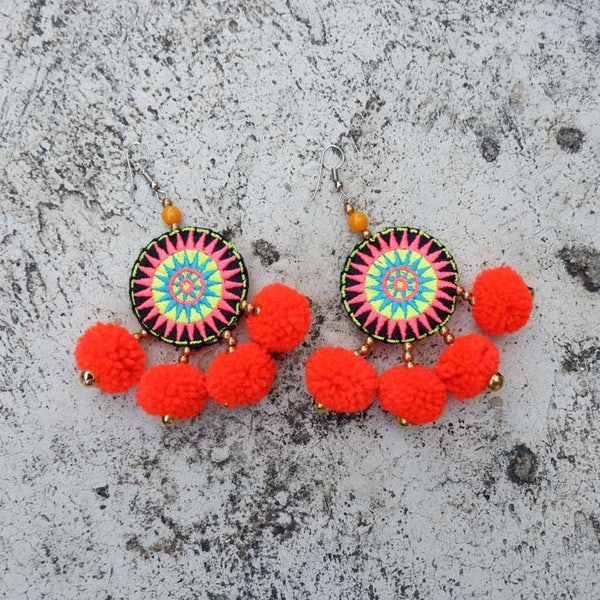 Hot Orange Pompoms Tassel Earrings With Hmong Embroidered Star Pattern